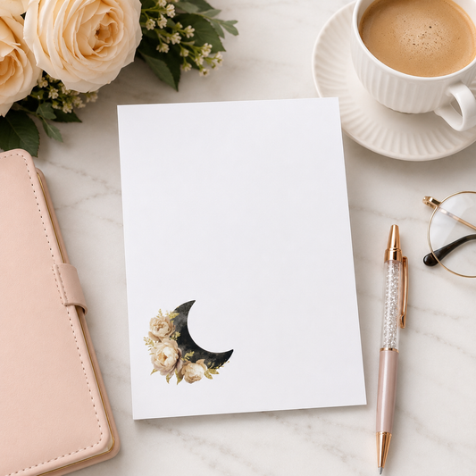 Minimalist floral crescent moon notepad with cream roses and black moon design, celestial stationery memo pad for notes and lists.