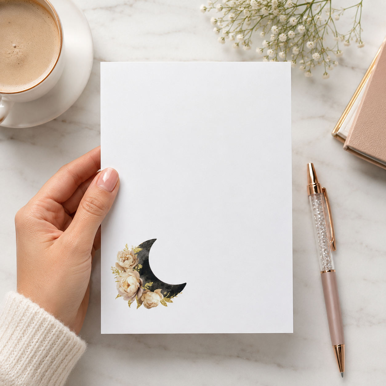 Minimalist floral crescent moon notepad with cream roses and black moon design, celestial stationery memo pad for notes and lists.