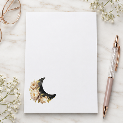 Minimalist floral crescent moon notepad with cream roses and black moon design, celestial stationery memo pad for notes and lists.