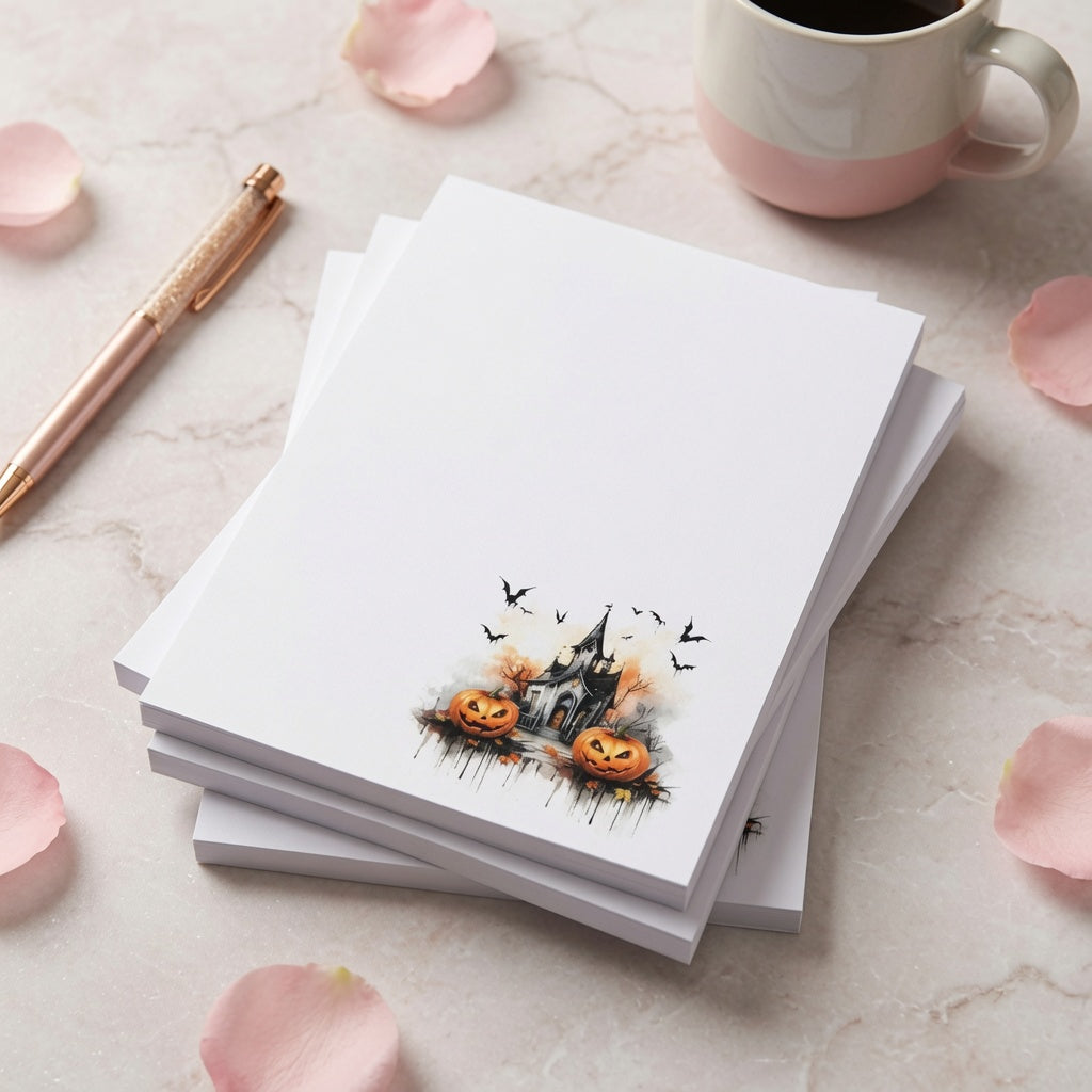 White Halloween notepad featuring a haunted house, smiling pumpkins, bats, and autumn accents in the lower corner.