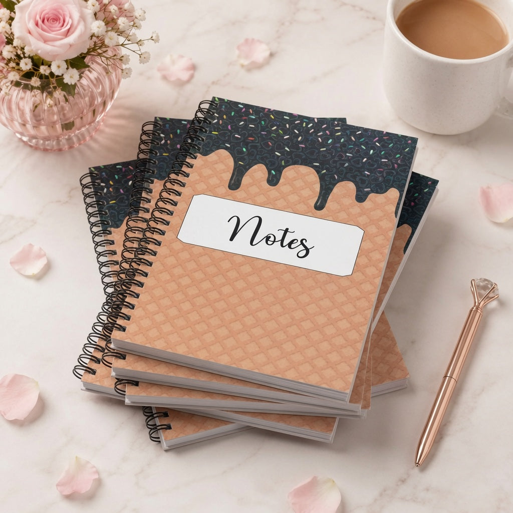 Ice cream Cone Waffle Pattern Heart shaped holographic spiral notebook with lined pages, and Notes label displayed in a bright feminine workspace setting. 