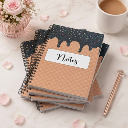 Ice cream Cone Waffle Pattern Heart shaped holographic spiral notebook with lined pages, and Notes label displayed in a bright feminine workspace setting. 
