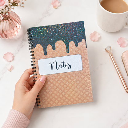 Ice cream Cone Waffle Pattern Heart shaped holographic spiral notebook with lined pages, and Notes label displayed in a bright feminine workspace setting. 