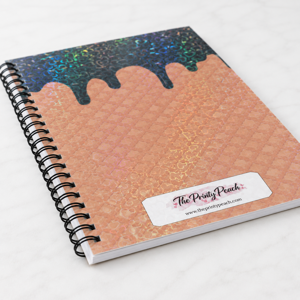 Ice cream Cone Waffle Pattern Heart shaped holographic spiral notebook with lined pages, and Notes label displayed in a bright feminine workspace setting. 