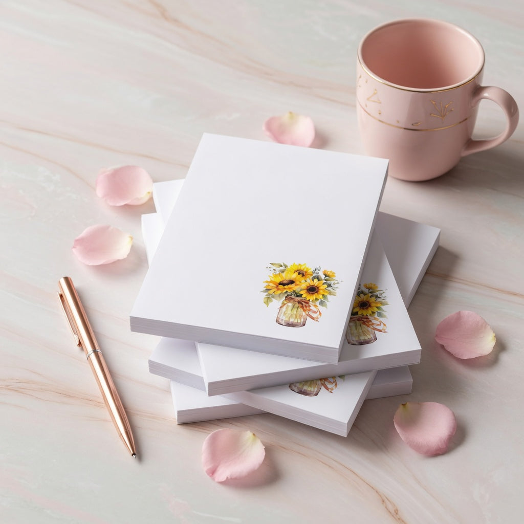 White notepad with watercolor sunflower bouquet in a mason jar, floral stationery memo pad with rustic farmhouse design.