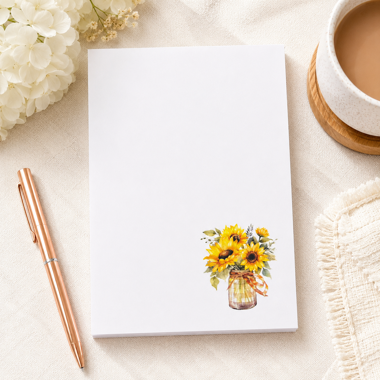 White notepad with watercolor sunflower bouquet in a mason jar, floral stationery memo pad with rustic farmhouse design.
