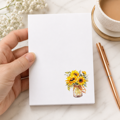 White notepad with watercolor sunflower bouquet in a mason jar, floral stationery memo pad with rustic farmhouse design.