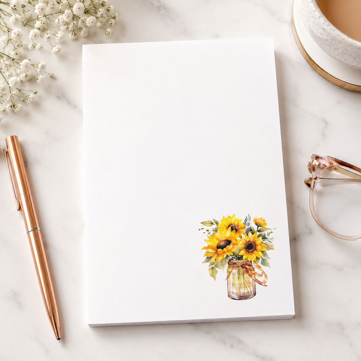 White notepad with watercolor sunflower bouquet in a mason jar, floral stationery memo pad with rustic farmhouse design.