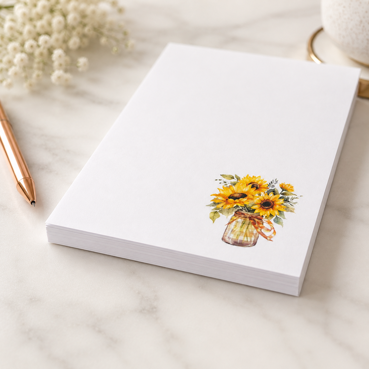 White notepad with watercolor sunflower bouquet in a mason jar, floral stationery memo pad with rustic farmhouse design.