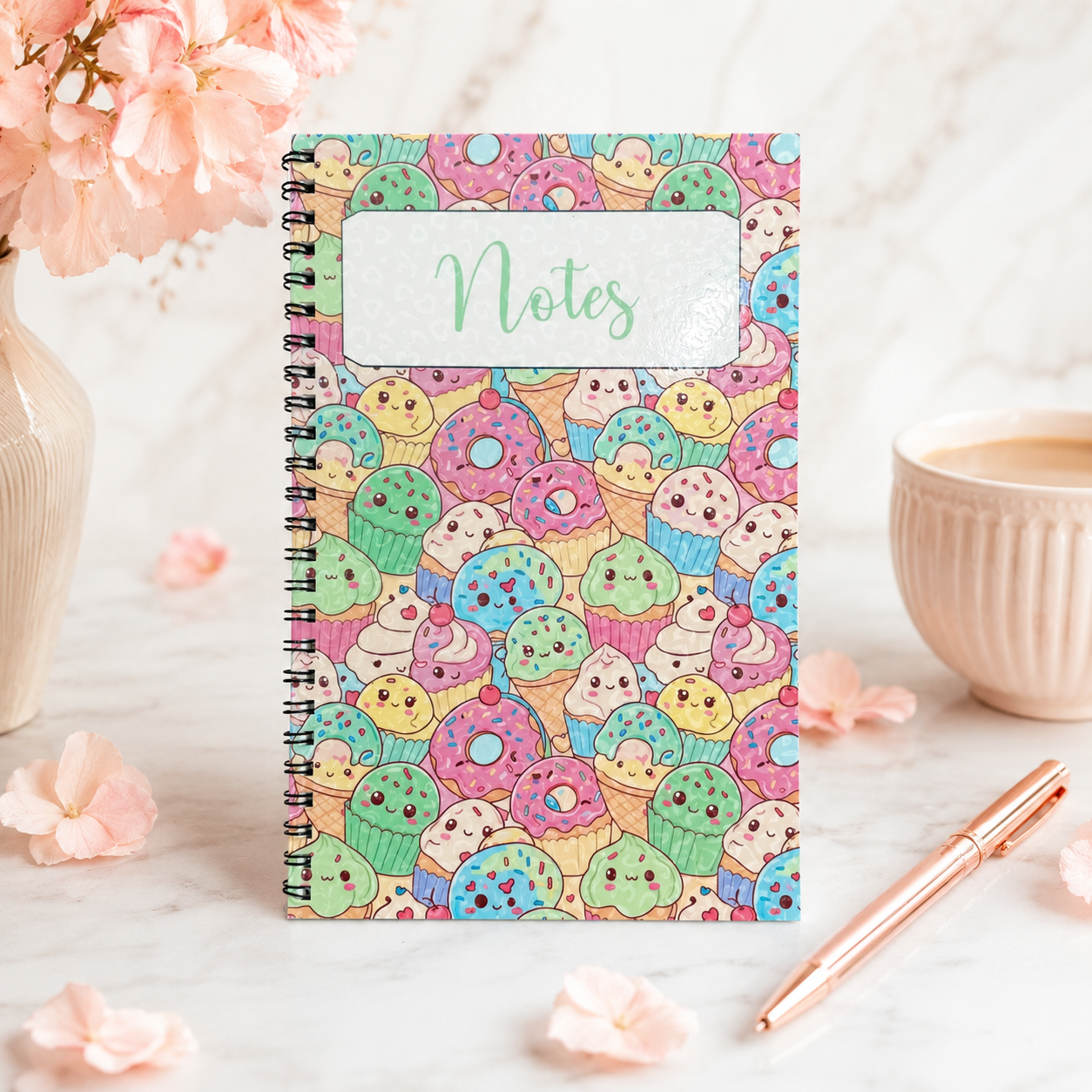 Pastel kawaii dessert spiral notebook featuring cute donuts, cupcakes, ice cream treats, and smiling sweets on a colorful glossy cover.