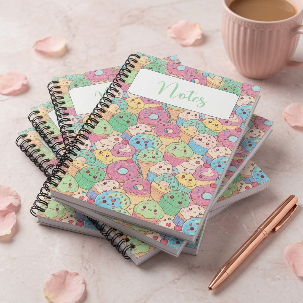 Pastel kawaii dessert spiral notebook featuring cute donuts, cupcakes, ice cream treats, and smiling sweets on a colorful glossy cover.