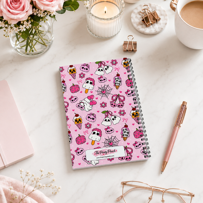 Pink spiral notebook featuring kawaii ghosts, skulls, bows, hearts, strawberries, and spooky sweet illustrations on a pastel pink background with a Notes label on the cover.