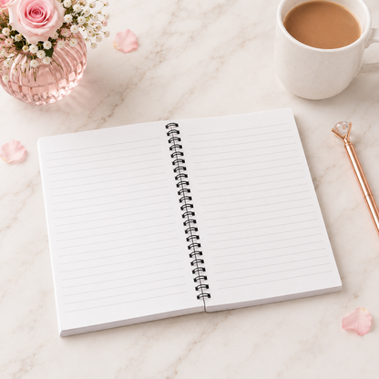 lined spiral notebook with lined pages, and Notes label displayed in a bright feminine workspace setting. 