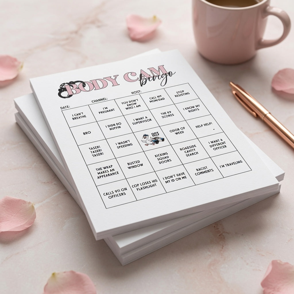 Body Cam Bingo tear-off notepad featuring a humorous bingo game for police body camera video watch parties and true crime fans.