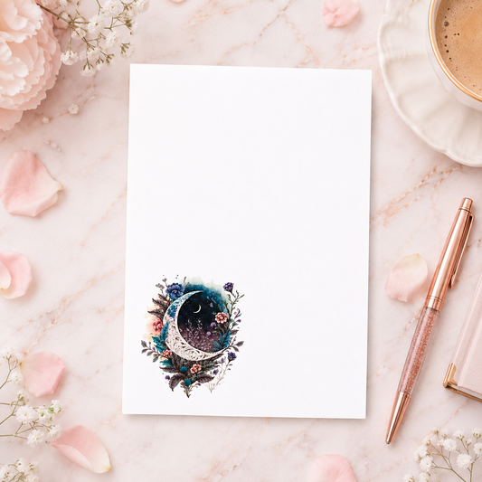 White notepad featuring a celestial crescent moon surrounded by floral botanical artwork in a cottagecore and moonlit aesthetic.