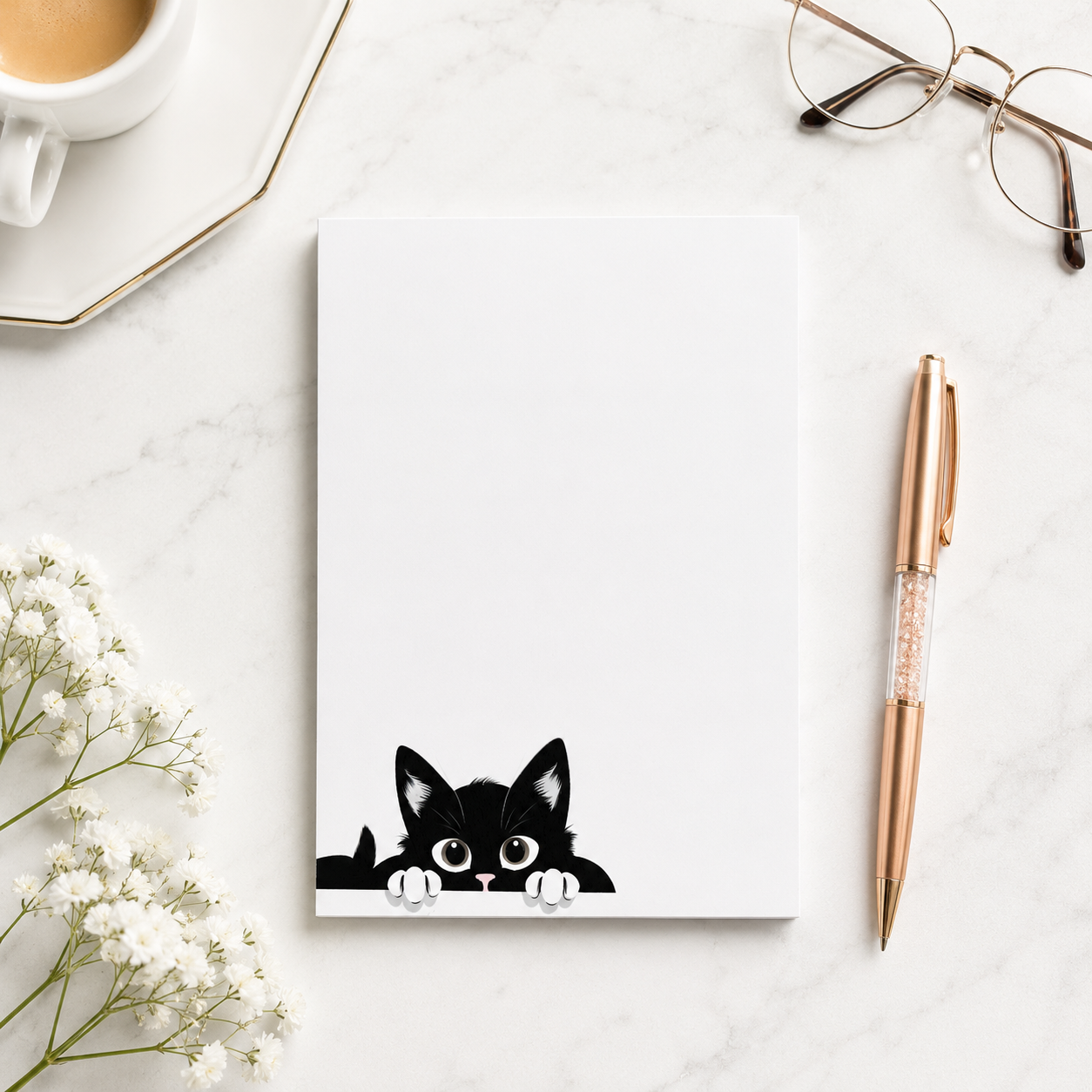 White notepad featuring a cute black kitten peeking from the bottom corner with plenty of blank writing space for notes, lists, and reminders.