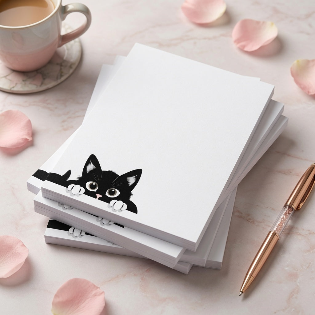 White notepad featuring a cute black kitten peeking from the bottom corner with plenty of blank writing space for notes, lists, and reminders.