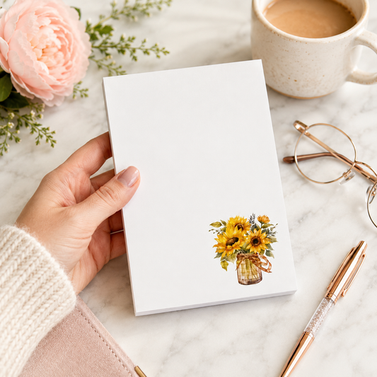 White floral notepad featuring a watercolor sunflower bouquet in a mason jar, ideal for grocery lists, notes, reminders, and everyday stationery.