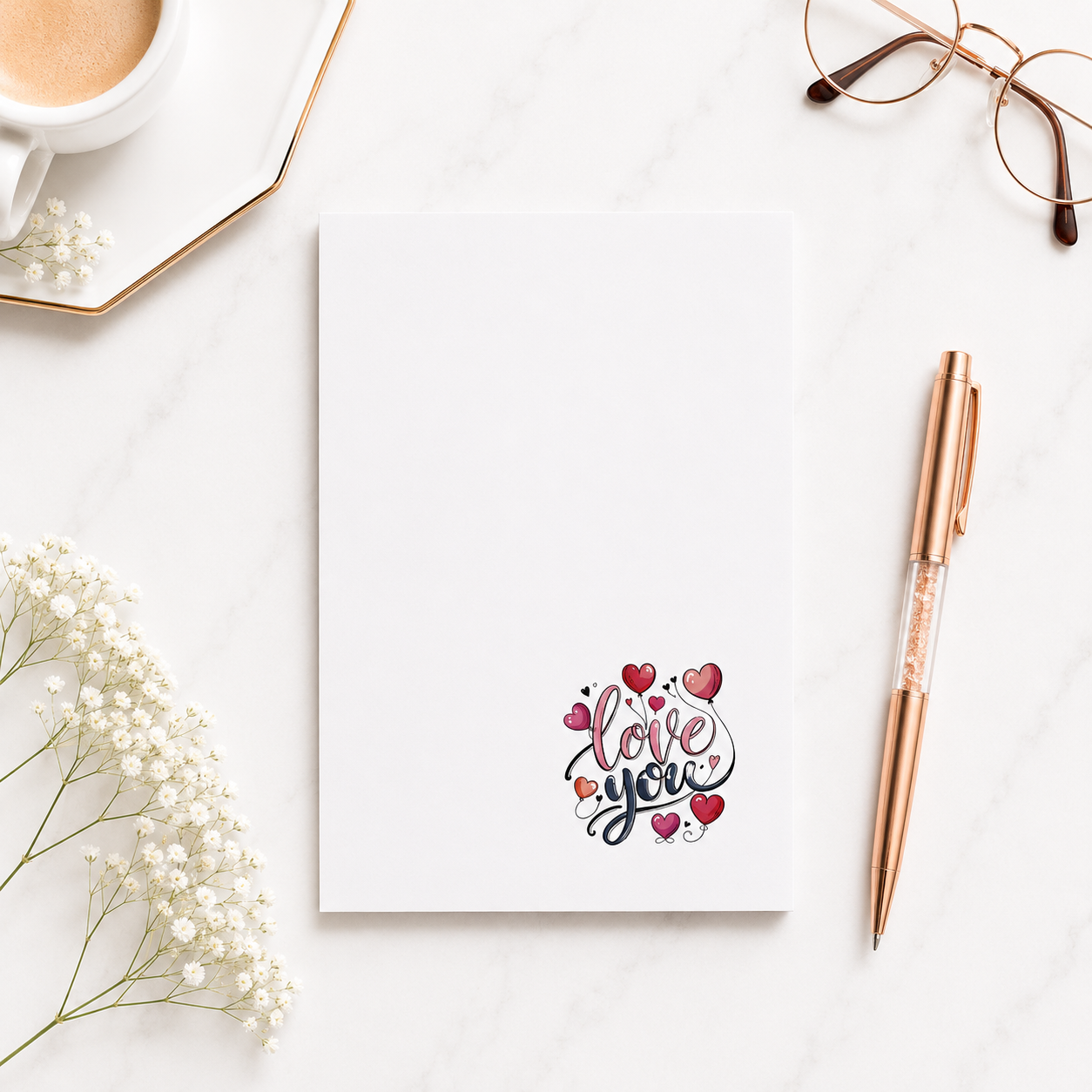 White tear-off notepad featuring a colorful "Love You" heart design in the lower corner, perfect for romantic notes, lists, and everyday stationery.