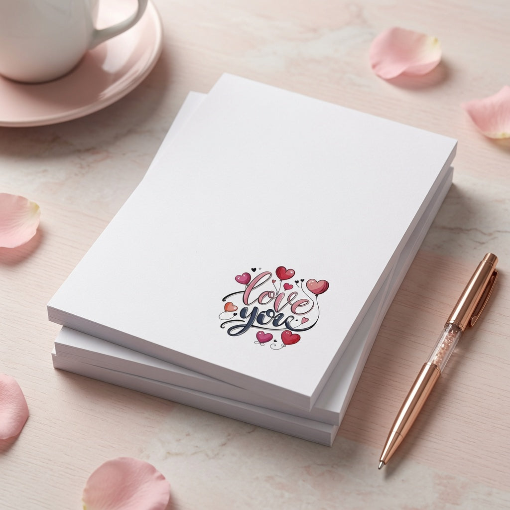 White tear-off notepad featuring a colorful "Love You" heart design in the lower corner, perfect for romantic notes, lists, and everyday stationery.