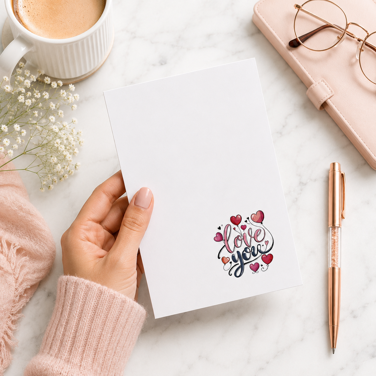 White tear-off notepad featuring a colorful "Love You" heart design in the lower corner, perfect for romantic notes, lists, and everyday stationery.