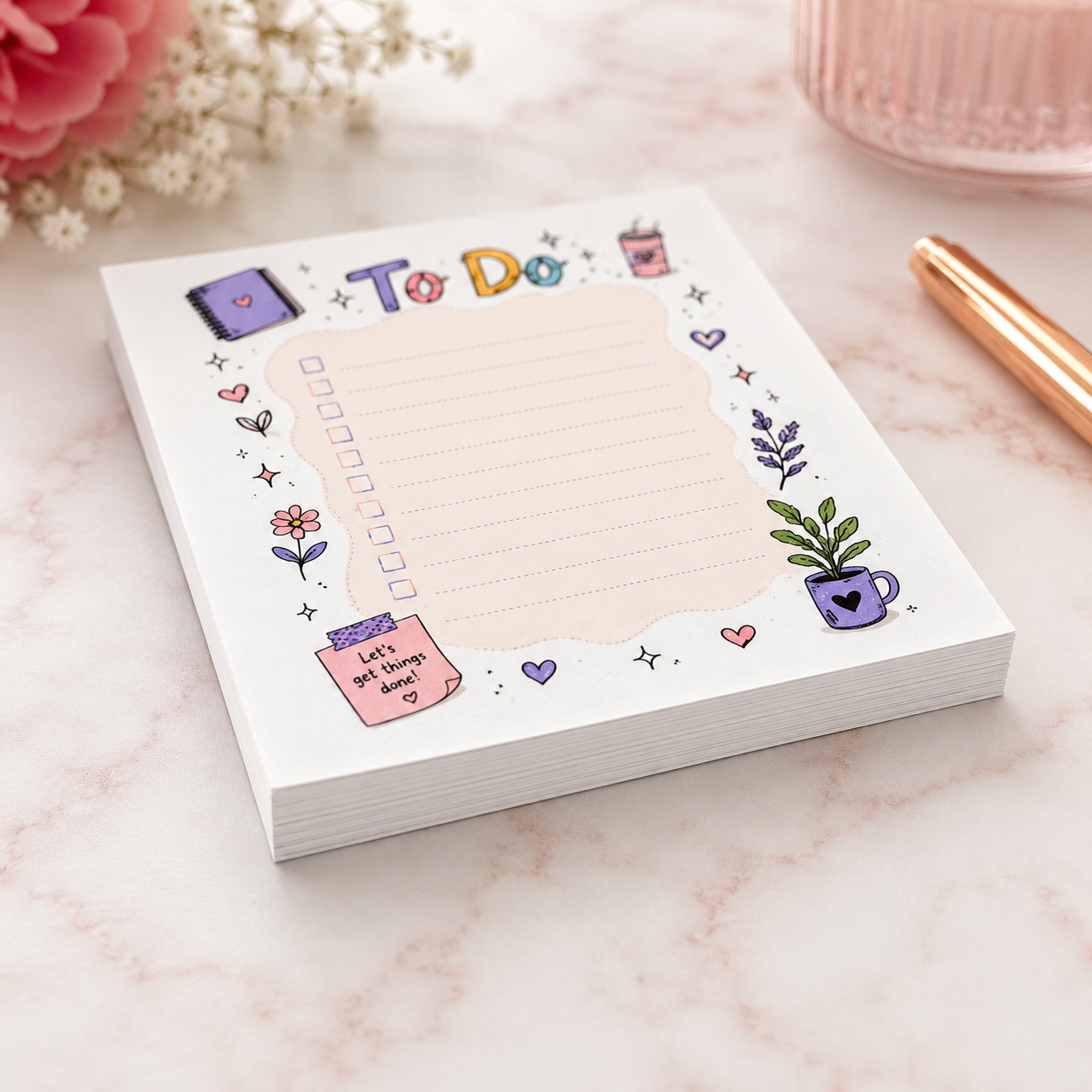 Pastel To Do notepad with colorful checklist design featuring cute planner doodles, coffee cup, flowers, and notebook illustrations.