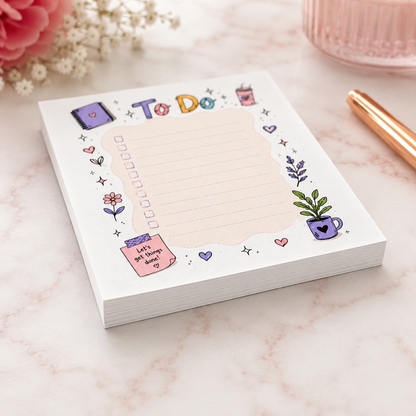 Pastel To Do notepad with colorful checklist design featuring cute planner doodles, coffee cup, flowers, and notebook illustrations.