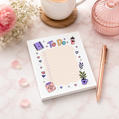 Pastel To Do notepad with colorful checklist design featuring cute planner doodles, coffee cup, flowers, and notebook illustrations.