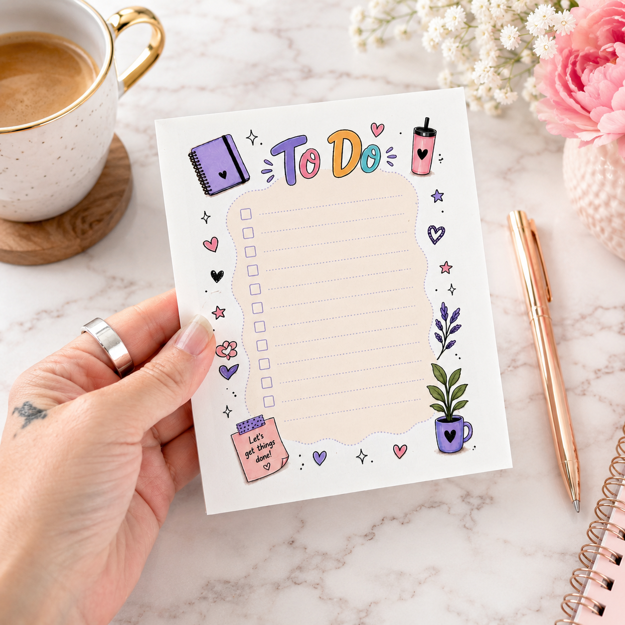 Pastel To Do notepad with colorful checklist design featuring cute planner doodles, coffee cup, flowers, and notebook illustrations.