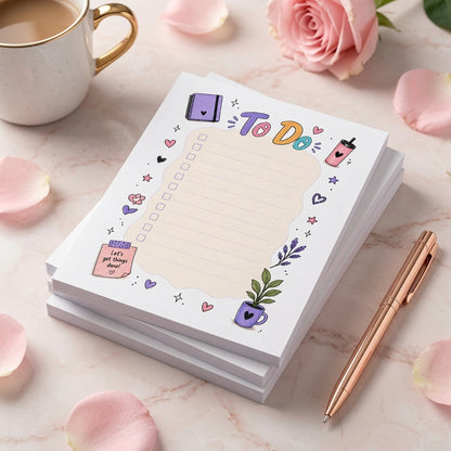 Pastel To Do notepad with colorful checklist design featuring cute planner doodles, coffee cup, flowers, and notebook illustrations.