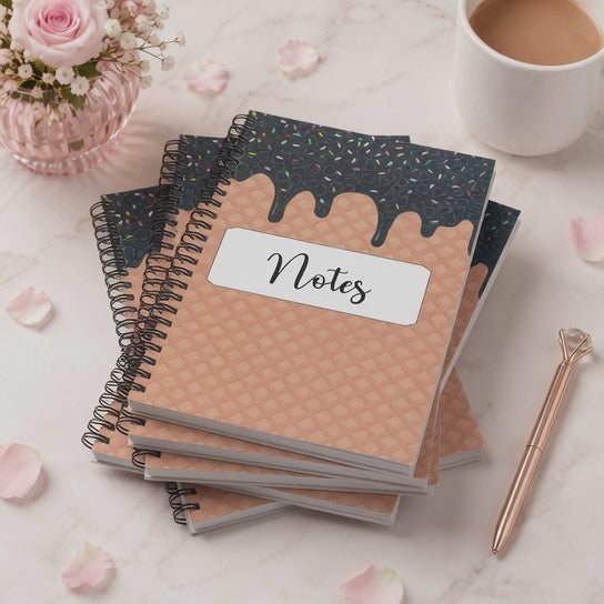 Ice cream Cone Waffle Pattern Heart shaped holographic spiral notebook with lined pages, and Notes label displayed in a bright feminine workspace setting. 