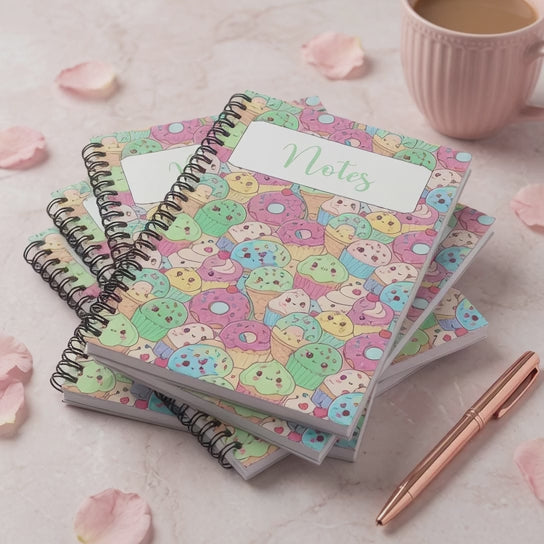 Pastel kawaii dessert spiral notebook featuring cute donuts, cupcakes, ice cream treats, and smiling sweets on a colorful glossy cover.
