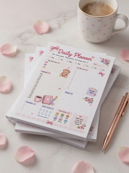 Daily Planner Notepad | Cute Productivity Planner Pad | Pink Floral To Do List & Schedule Organizer