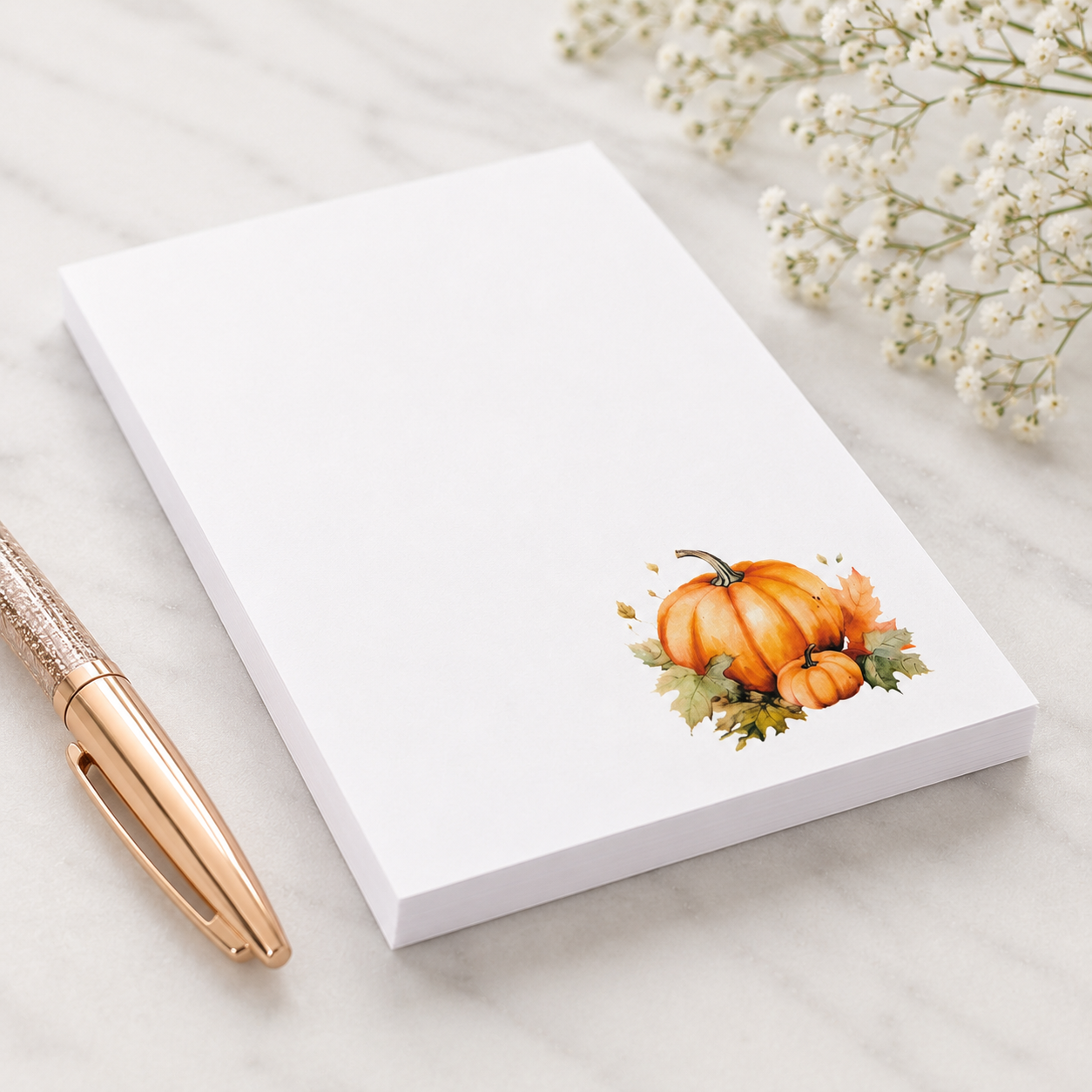 White notepad featuring a watercolor pumpkin illustration in the lower corner, perfect for fall notes, lists, and seasonal desk decor.