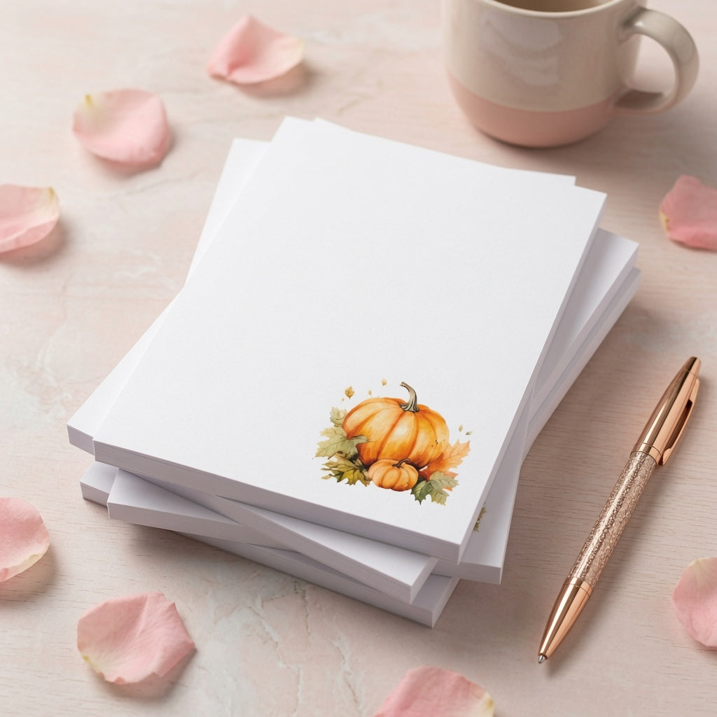 White notepad featuring a watercolor pumpkin illustration in the lower corner, perfect for fall notes, lists, and seasonal desk decor.