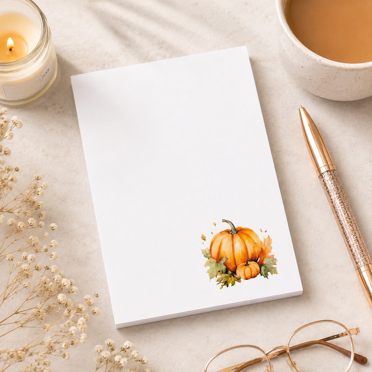 White notepad featuring a watercolor pumpkin illustration in the lower corner, perfect for fall notes, lists, and seasonal desk decor.