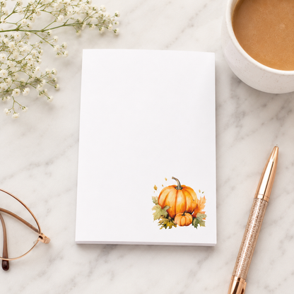 White notepad featuring a watercolor pumpkin illustration in the lower corner, perfect for fall notes, lists, and seasonal desk decor.