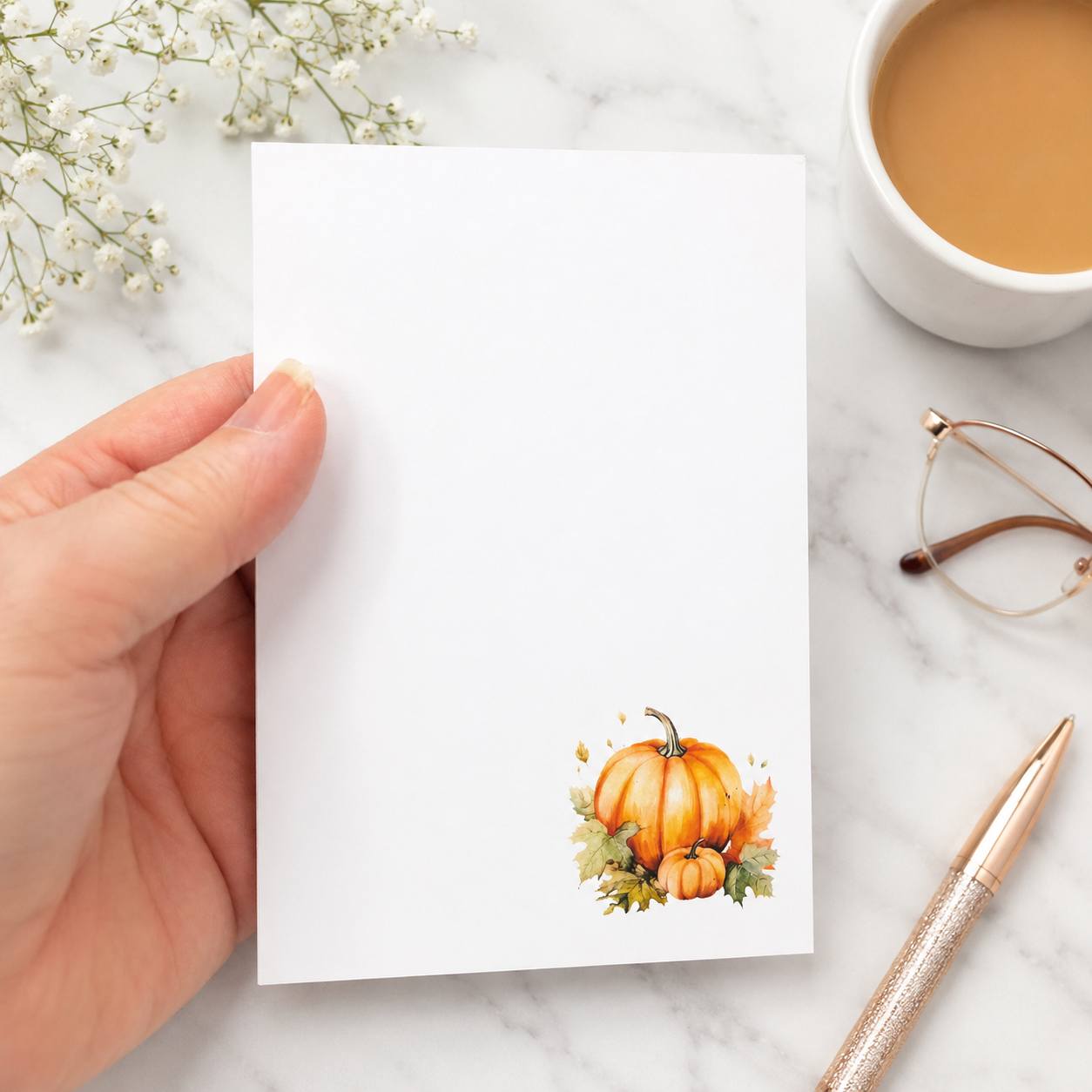 White notepad featuring a watercolor pumpkin illustration in the lower corner, perfect for fall notes, lists, and seasonal desk decor.