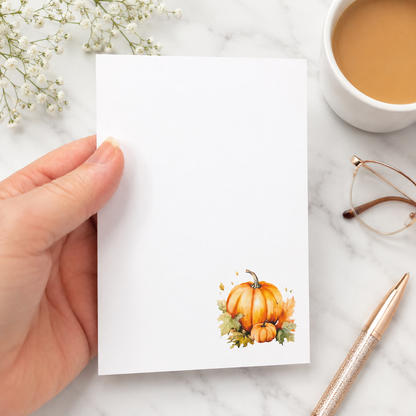 White notepad featuring a watercolor pumpkin illustration in the lower corner, perfect for fall notes, lists, and seasonal desk decor.