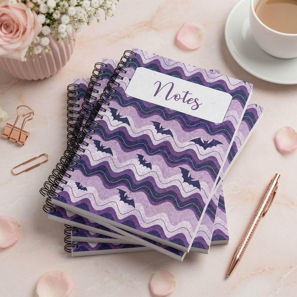 Purple spiral-bound notebook featuring whimsical bat artwork and wavy lavender patterns, perfect for notes, journaling, planning, and everyday writing.