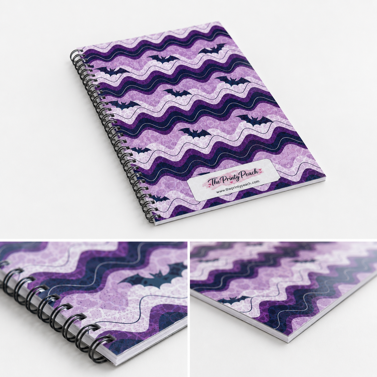 Purple spiral-bound notebook featuring whimsical bat artwork and wavy lavender patterns, perfect for notes, journaling, planning, and everyday writing.