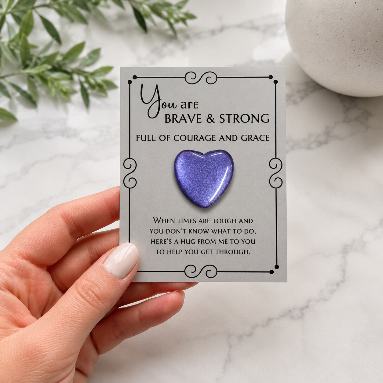 Inspirational pocket hug keepsake with a heart-shaped token on a "You Are Brave & Strong" encouragement card, a thoughtful comfort gift for friends, family, coworkers, or anyone needing support.