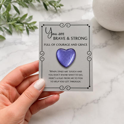 Inspirational pocket hug keepsake with a heart-shaped token on a "You Are Brave & Strong" encouragement card, a thoughtful comfort gift for friends, family, coworkers, or anyone needing support.