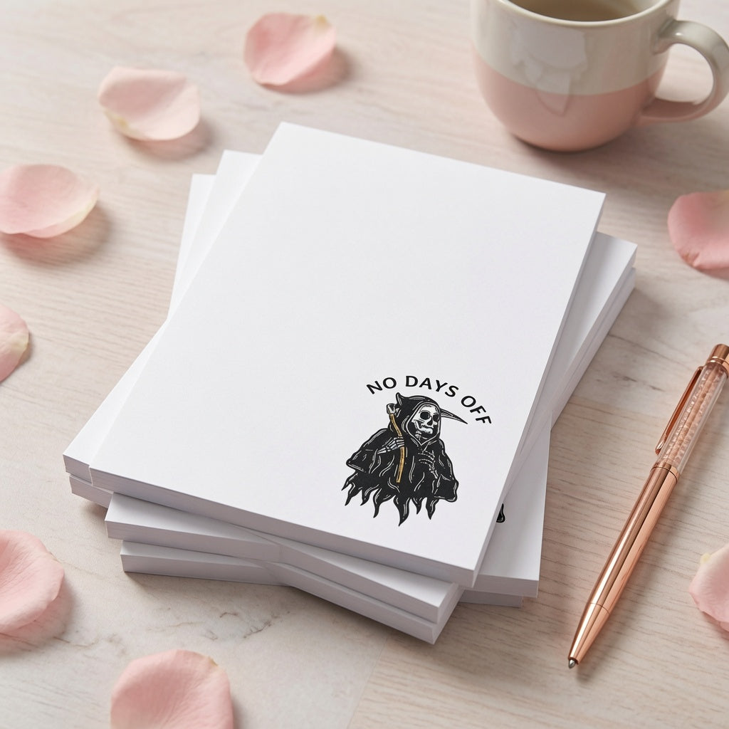 White notepad featuring a small grim reaper illustration and the words "No Days Off" in a minimalist dark humor design for notes, lists, and reminders.