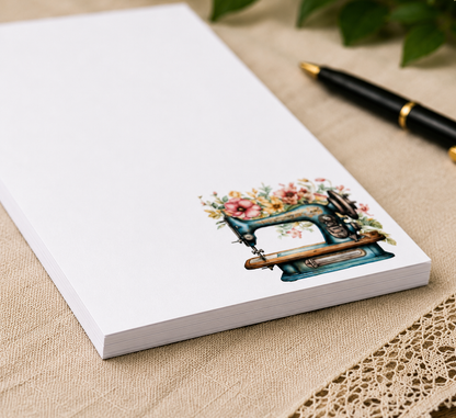 Vintage sewing machine notepad featuring floral watercolor accents and a teal antique sewing machine design, ideal for quilters, sewists, and sewing room organization.