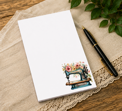 Vintage sewing machine notepad featuring floral watercolor accents and a teal antique sewing machine design, ideal for quilters, sewists, and sewing room organization.