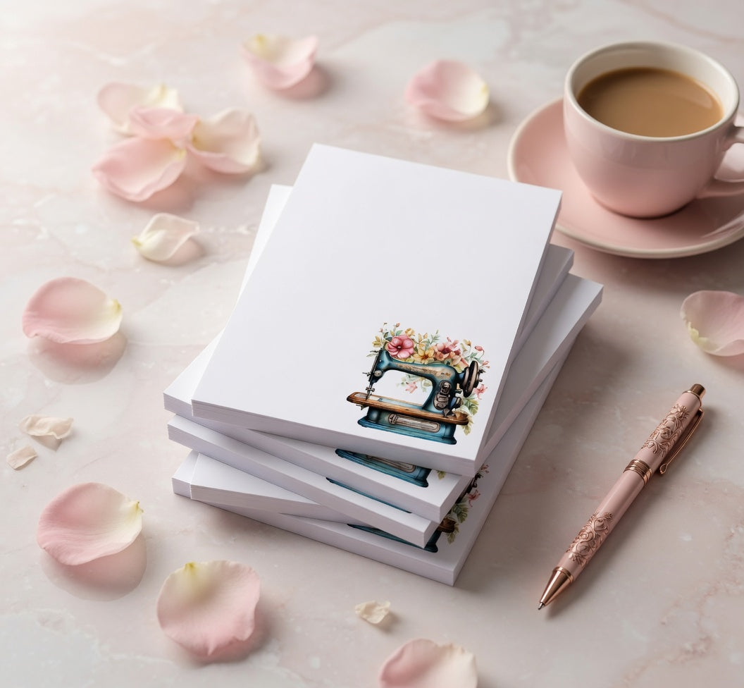 Vintage sewing machine notepad featuring floral watercolor accents and a teal antique sewing machine design, ideal for quilters, sewists, and sewing room organization.