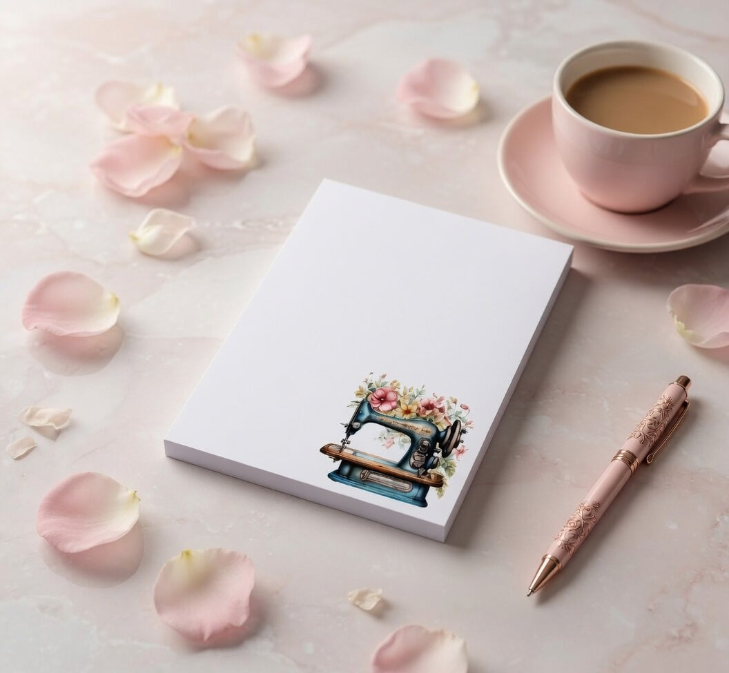 Vintage Sewing Machine Notepad, Floral Sewing Notepad, Quilter Gift Memo Pad, Seamstress Desk Stationery