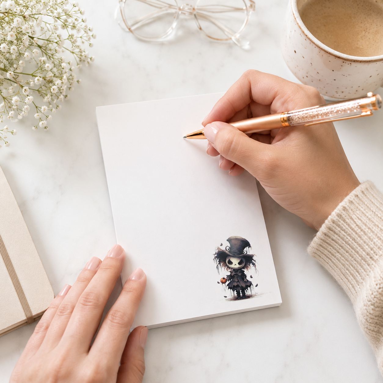 Halloween witch notepad with cute gothic witch illustration in the lower corner, minimalist writing space, spooky stationery gift.