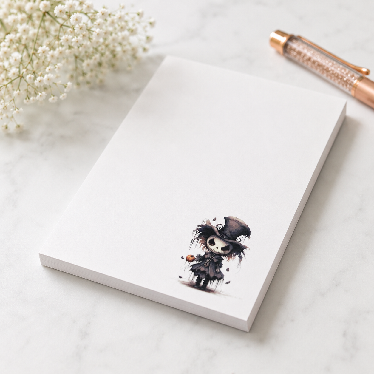 Halloween witch notepad with cute gothic witch illustration in the lower corner, minimalist writing space, spooky stationery gift.